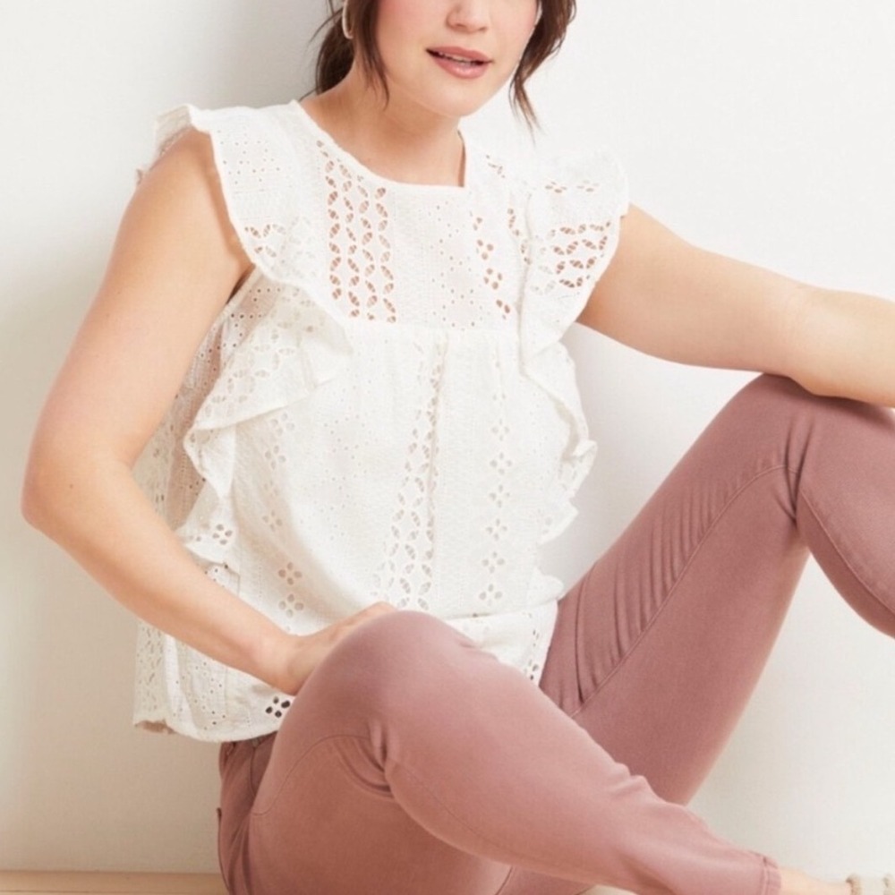 Sanctuary White Cotton Eyelet Lace Ruffle Flutter Sleeve‎ Peplum Top Size Large